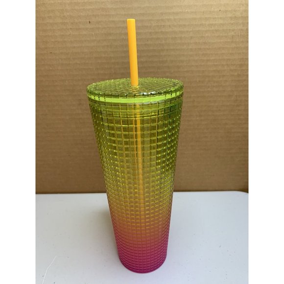 STARBUCKS SUMMER 2022 YELLOW PINK ORANGE OMBRE GRID 24 oz TUMBLER / CUP - NWT - Picture 1 of 3